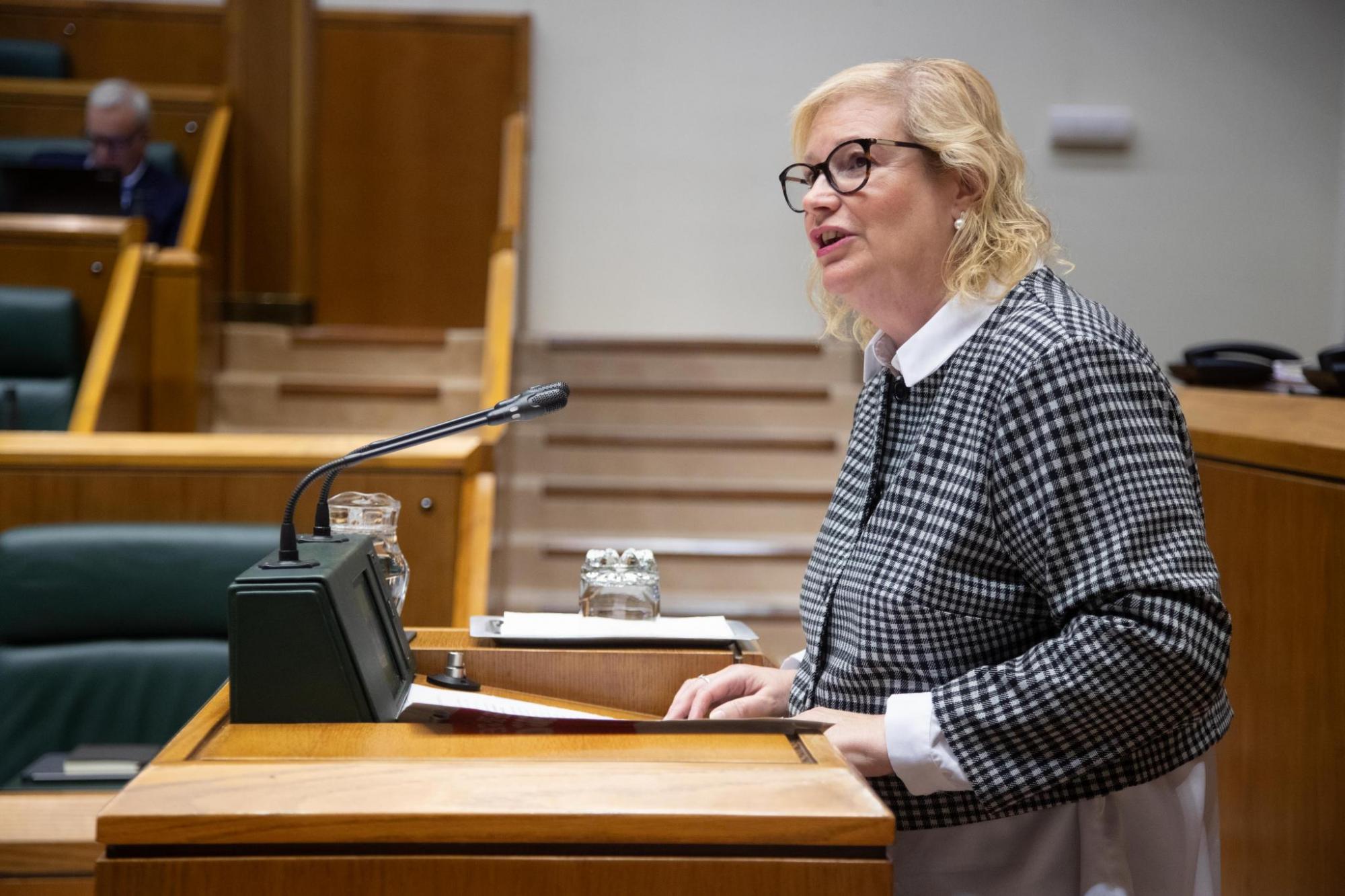 La parlamentaria Susana Corcuera, portavoz en el área de Transportes, interviene en el pleno. 